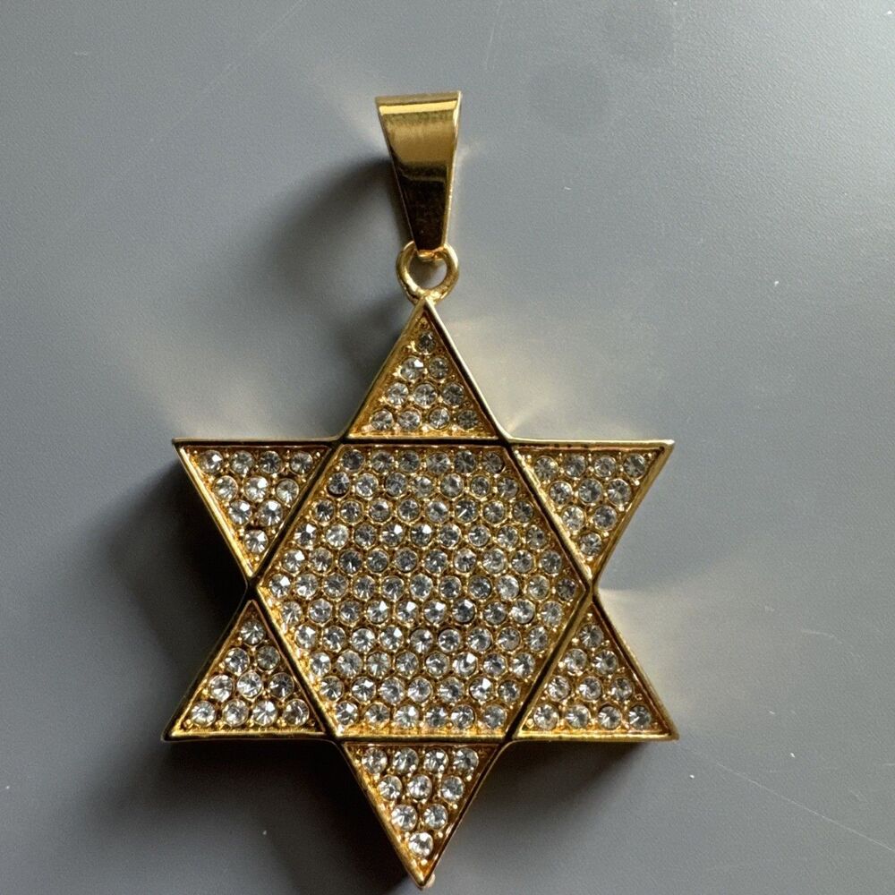 Stainless Steel Jewish Star of David 24” Chain Bar Mitzvah Gold Cubic Zirconia